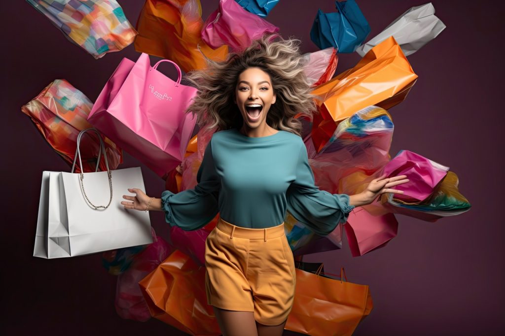 Excitement for TikTok Shop and the Shoppable Future - excited young woman with colorful shopping bags