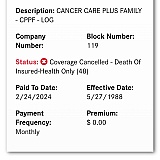 Proof of coverage for 36 years until her death of cancer