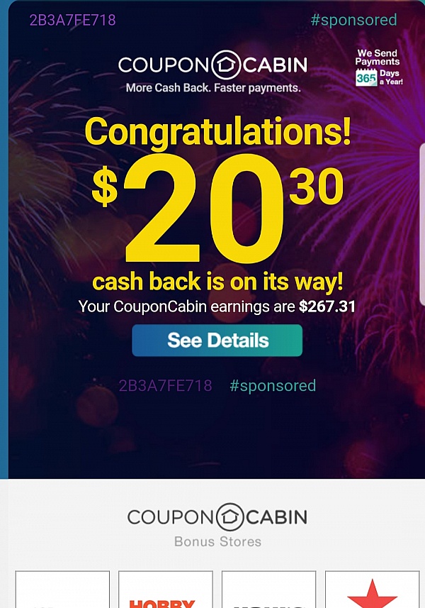 $2 back from couponcabin savings sidekick