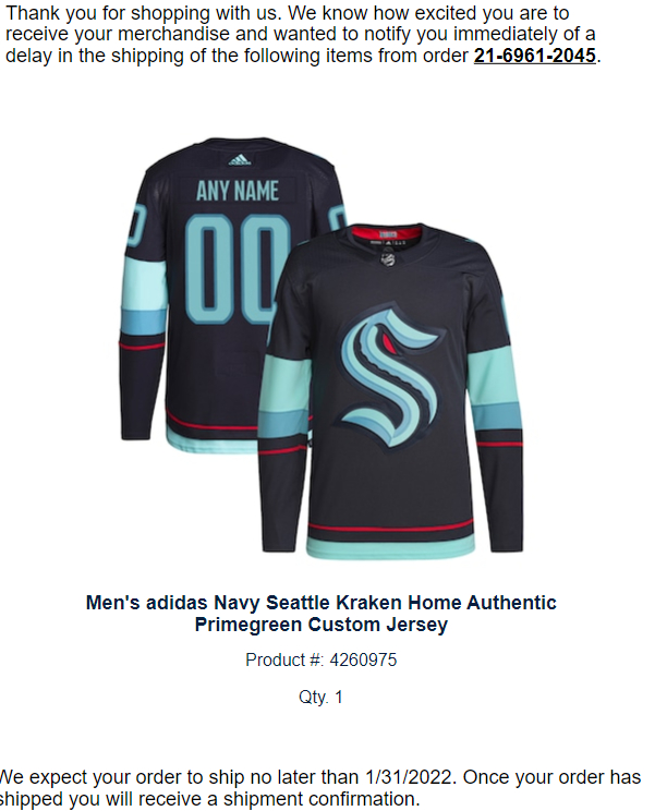NHL Shop customized Kraken jersey has shipped!! Ordered day 1, coming 16  days earlier than expected!! : r/SeattleKraken