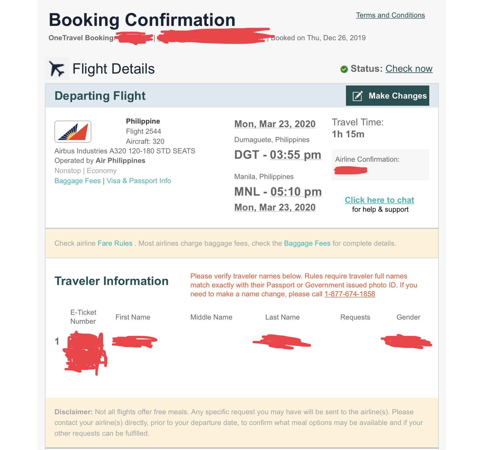 one travel booking confirmation