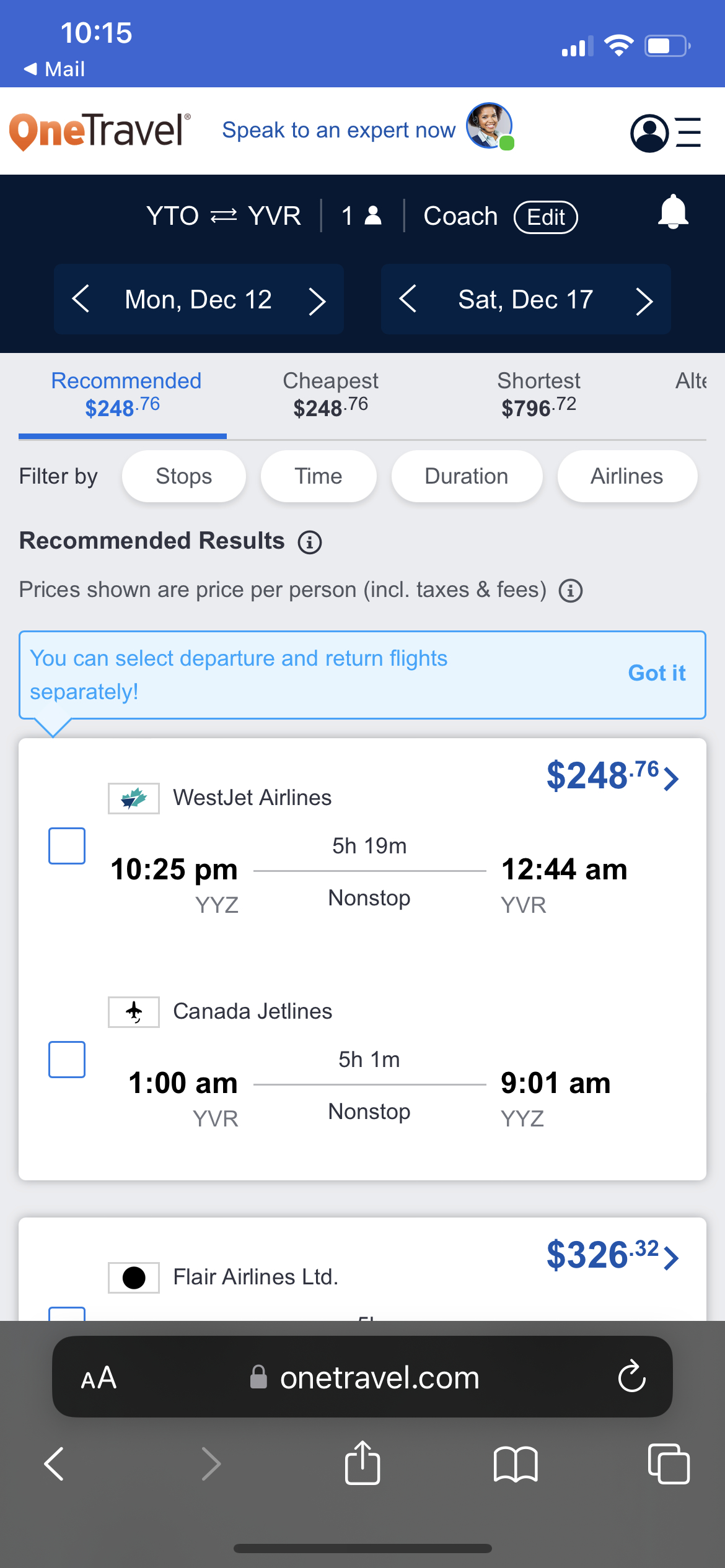 Online flight booking: OneTravel users in the United States