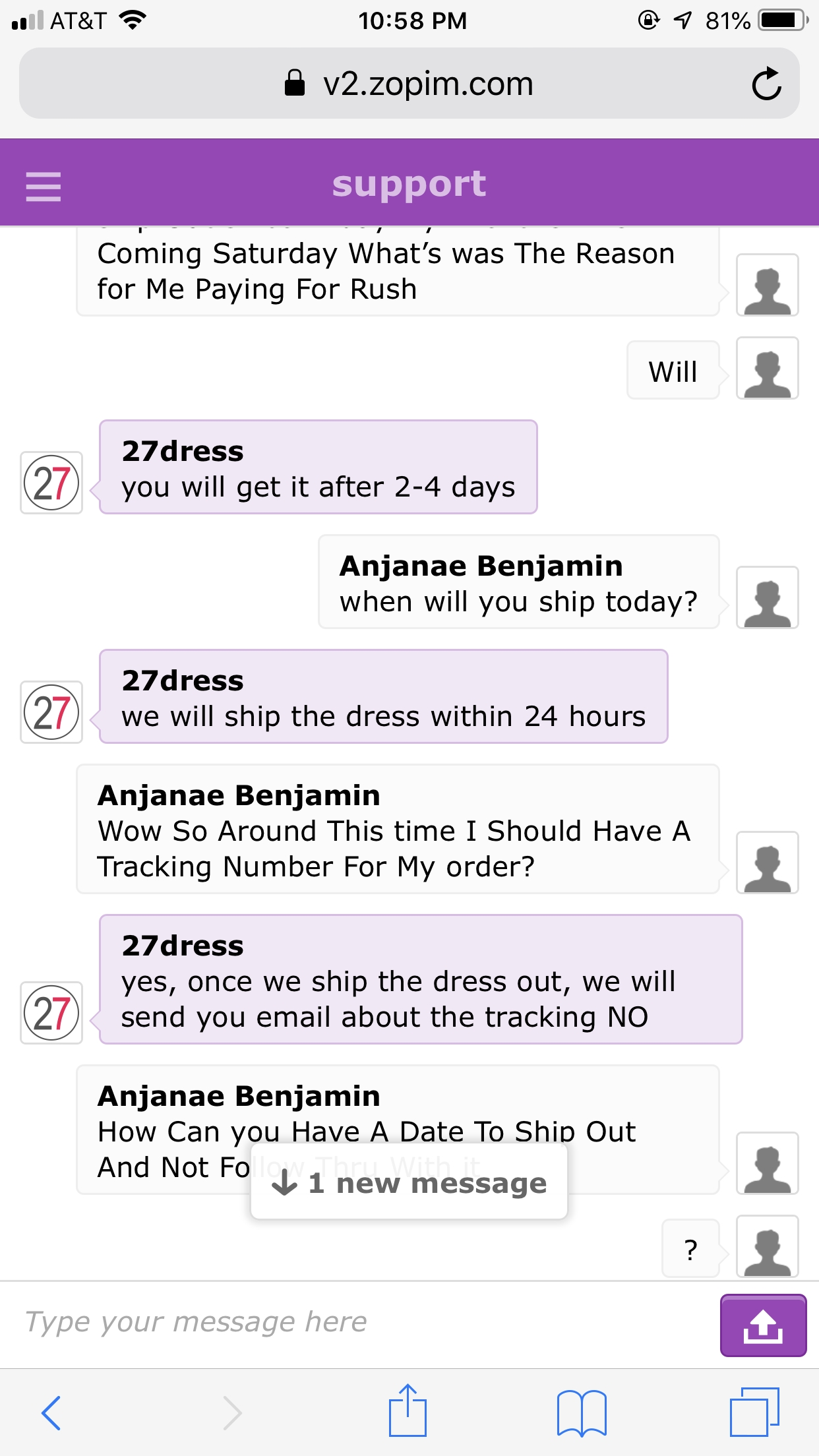 27 dress customer service