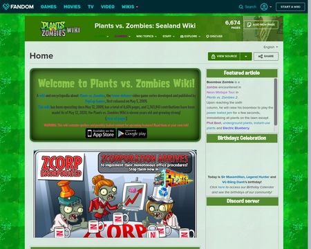 website thubmnail of Plantsvszombies.wikia